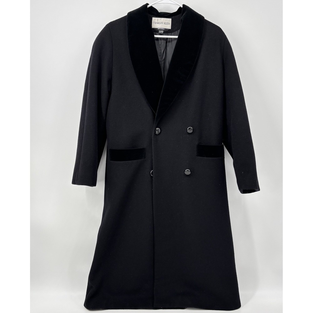 Vintage‎ Charles Klein Black Wool Pea Coat Velvet Trim Collar *See Measurements